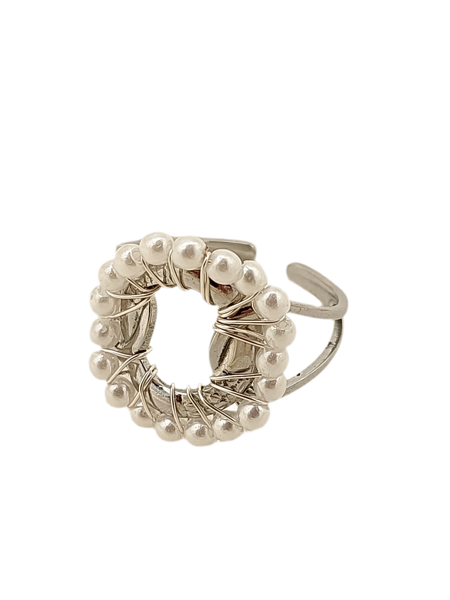Bague solaire Esmé argentée et perles blanches -ajustable