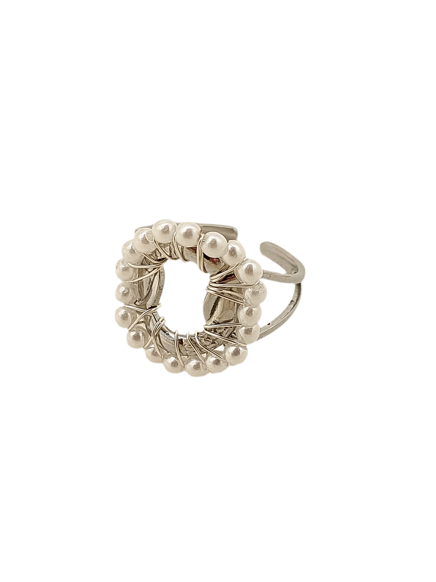 Bague solaire Esmé argentée et perles blanches -ajustable