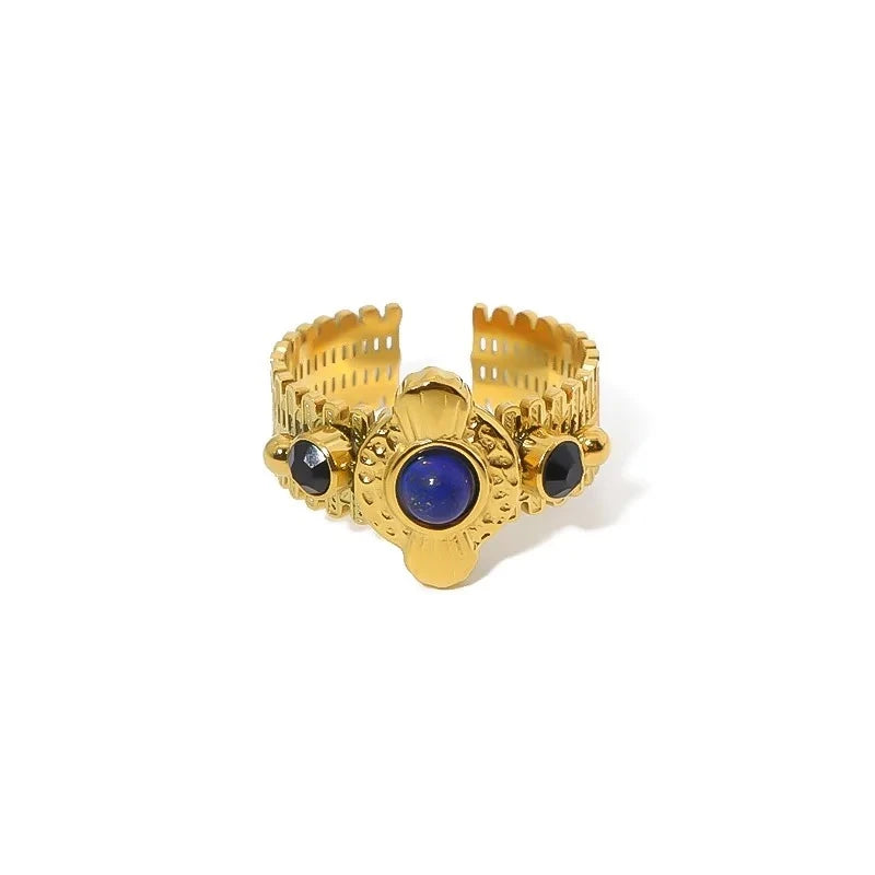Bague "Adrienne" en acier inoxydable doré et pierres naturelles. Ajustable