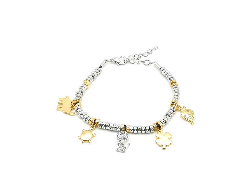 Bracelet Jane - porte bonheur avec breloques chat tortue trèfle- bicolore or et argent