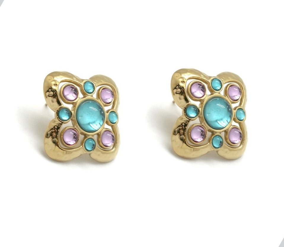 Boucles Candice trèfle - cabochons turquoise et violets