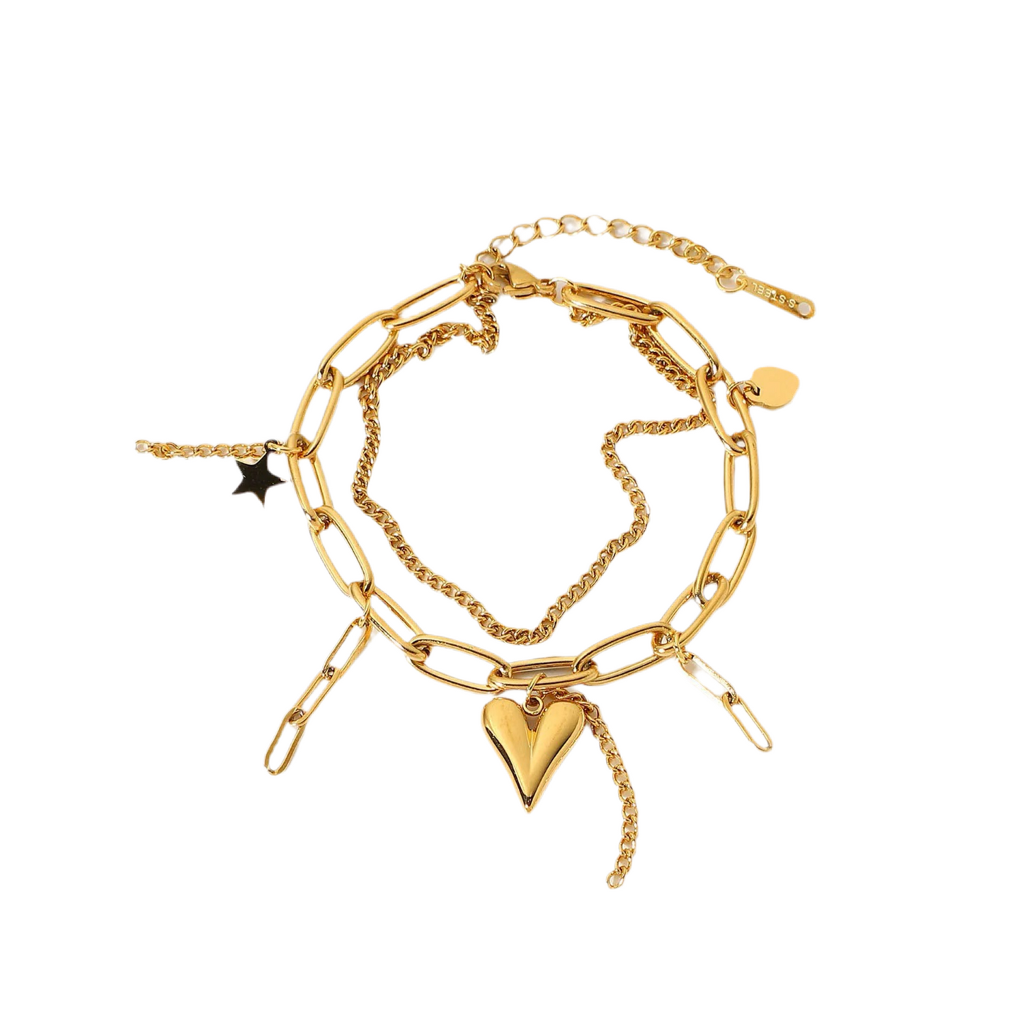 Bracelet Valentina double chaîne et breloques cœur étoilé