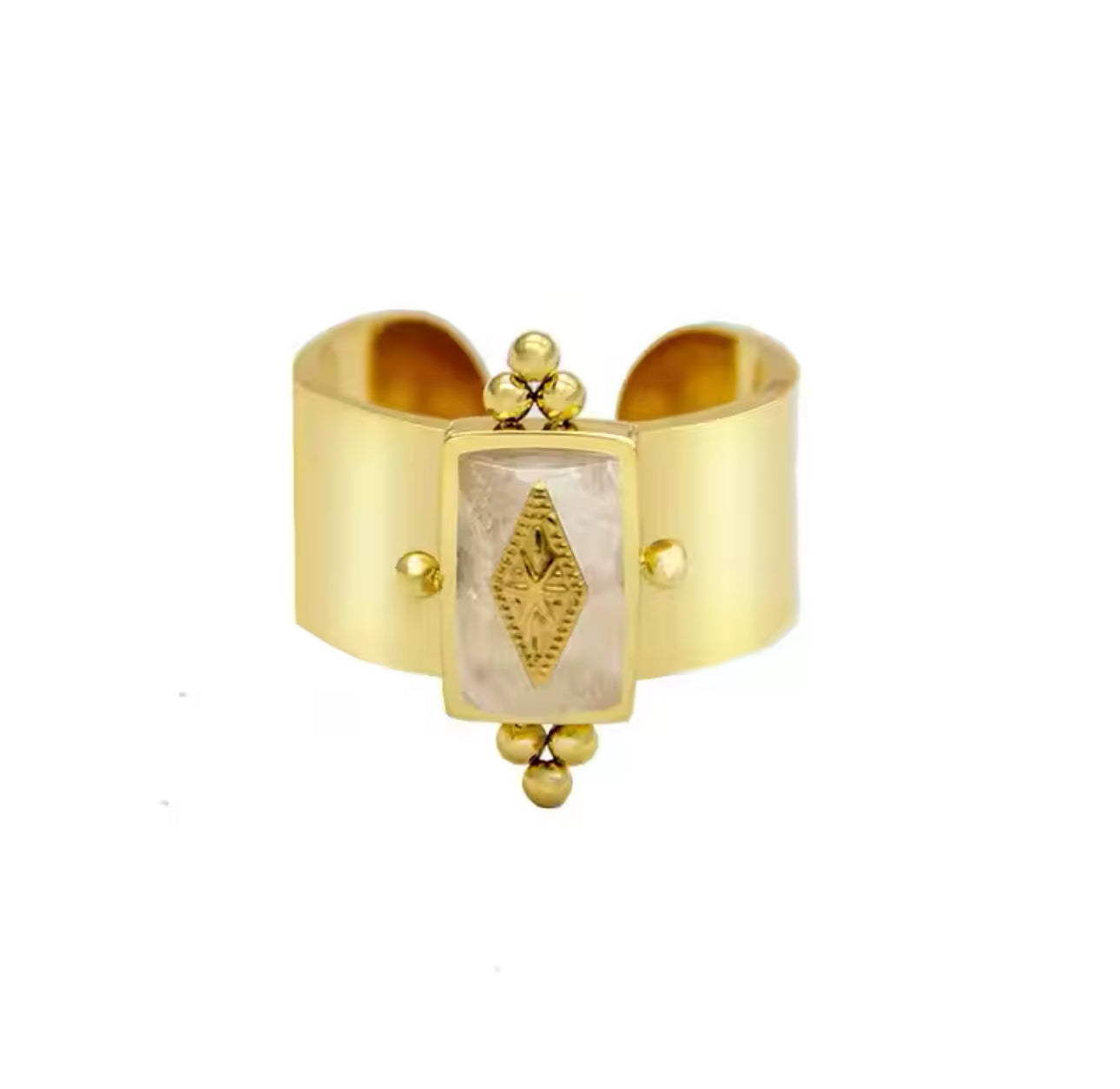 Bague « Mar » acier inoxydable doré et pierre naturelle. Bague ajustable