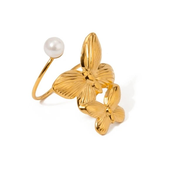 Bague Davia doré et perles avec papillons