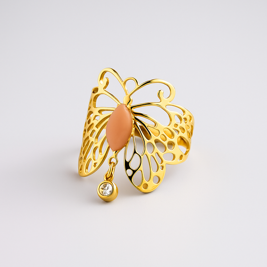 Bague Margot dorée en acier inoxydable - papillon et strass