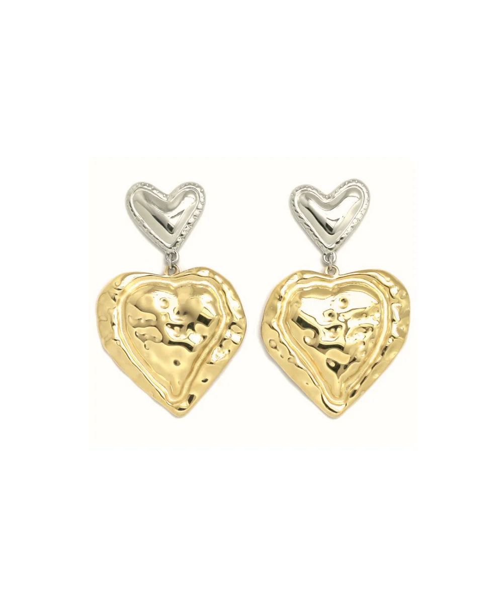 Boucles d’oreilles Sophie bicolore or et argent - pendantes avec 2 cœurs