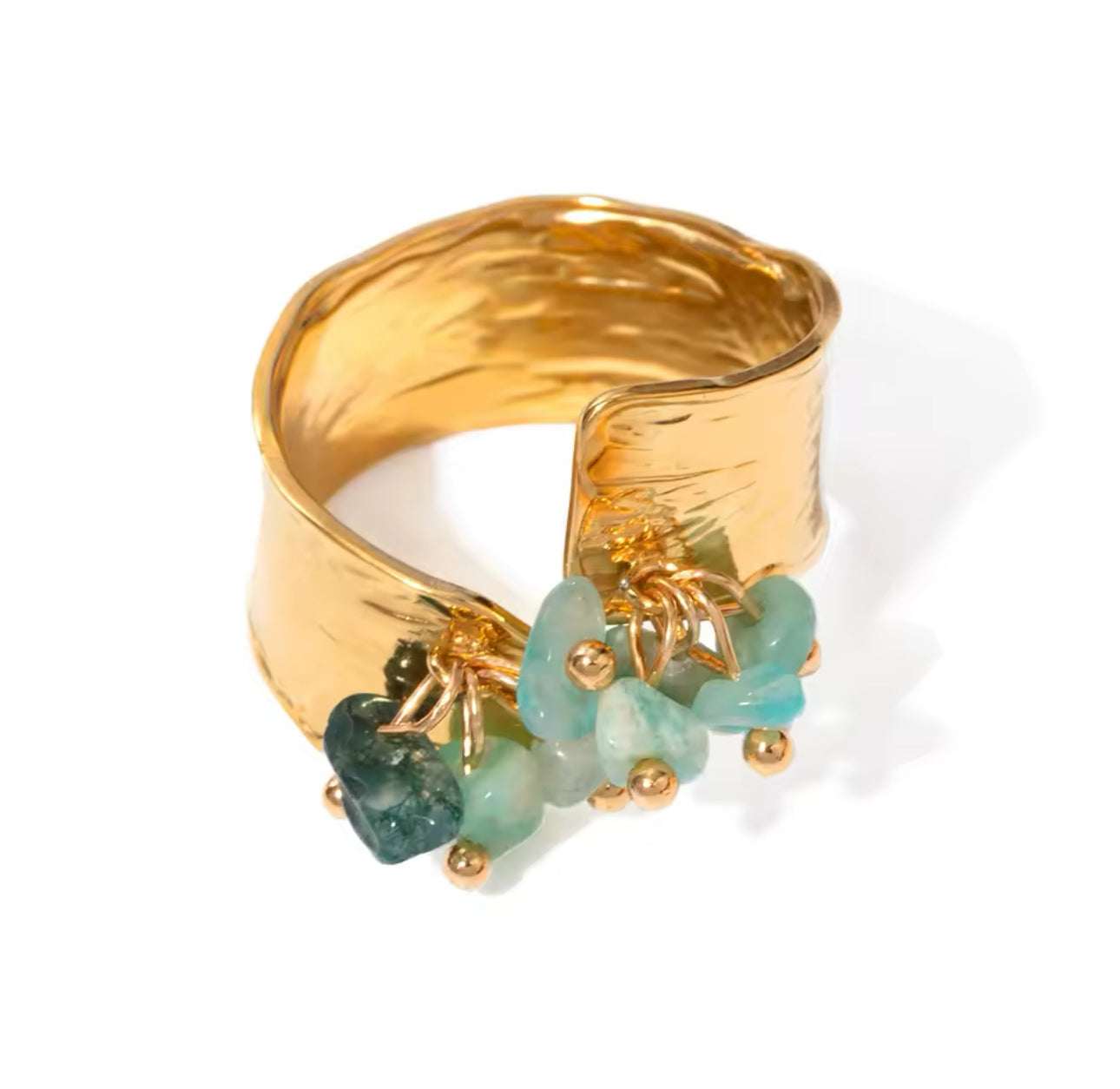 Bague Esmeralda doré asymétrique et pierres naturelles Kyanite quartz