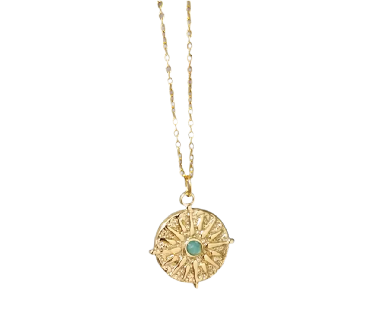 Collier Bruna pendentif rond soleil et pierre naturelle verte