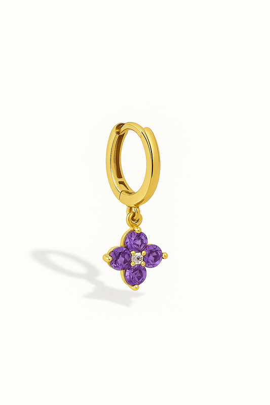 Créole Stellar Dorée Femme – Trèfle à Zircones violettes  & blanc en Acier Inoxydable (Vendue à l’Unité)