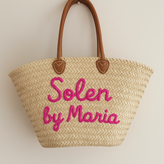 Sac en paille personnalisé cuir naturel – Fait main | Tote bag été bohème, cadeau sur mesure