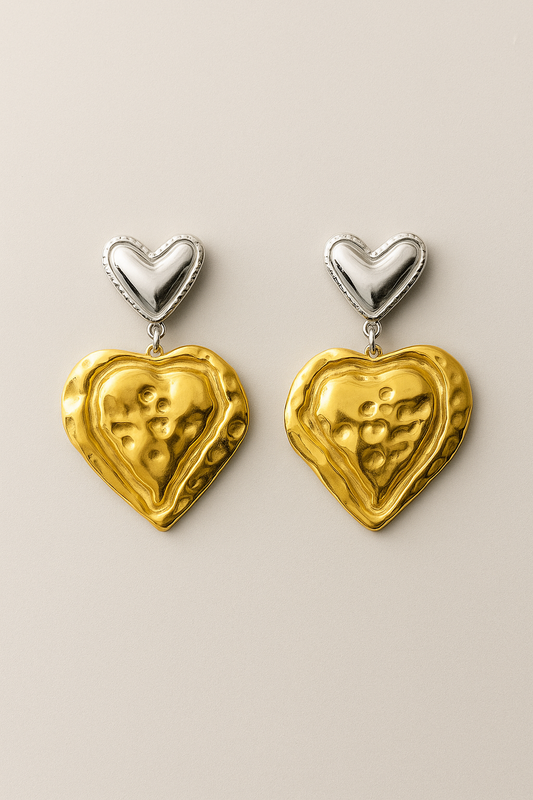 Boucles d’oreilles Sophie bicolore or et argent - pendantes avec 2 cœurs