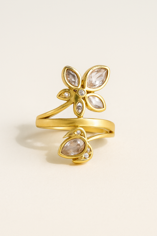 Bague Zoé zircones acier inoxydable doré design floral