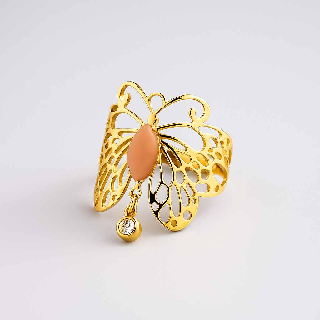 Bague Margot dorée en acier inoxydable - papillon et strass