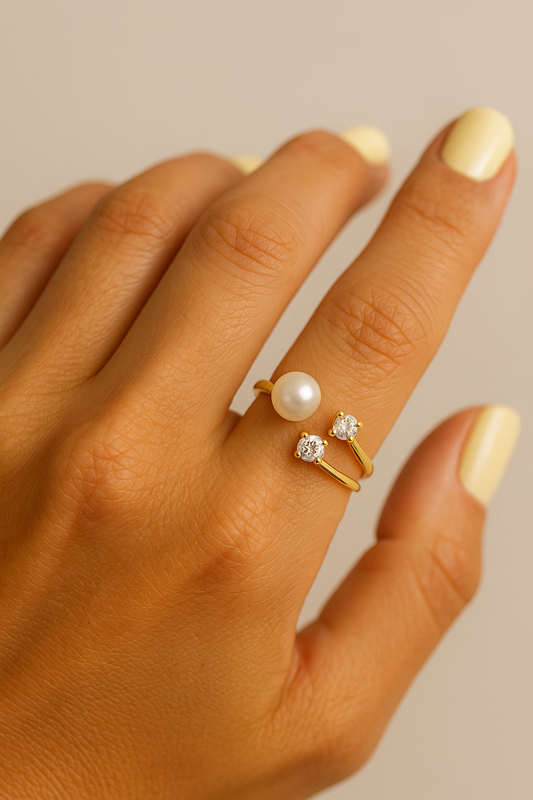 Bague Anna acier inoxydable doré cristaux perle