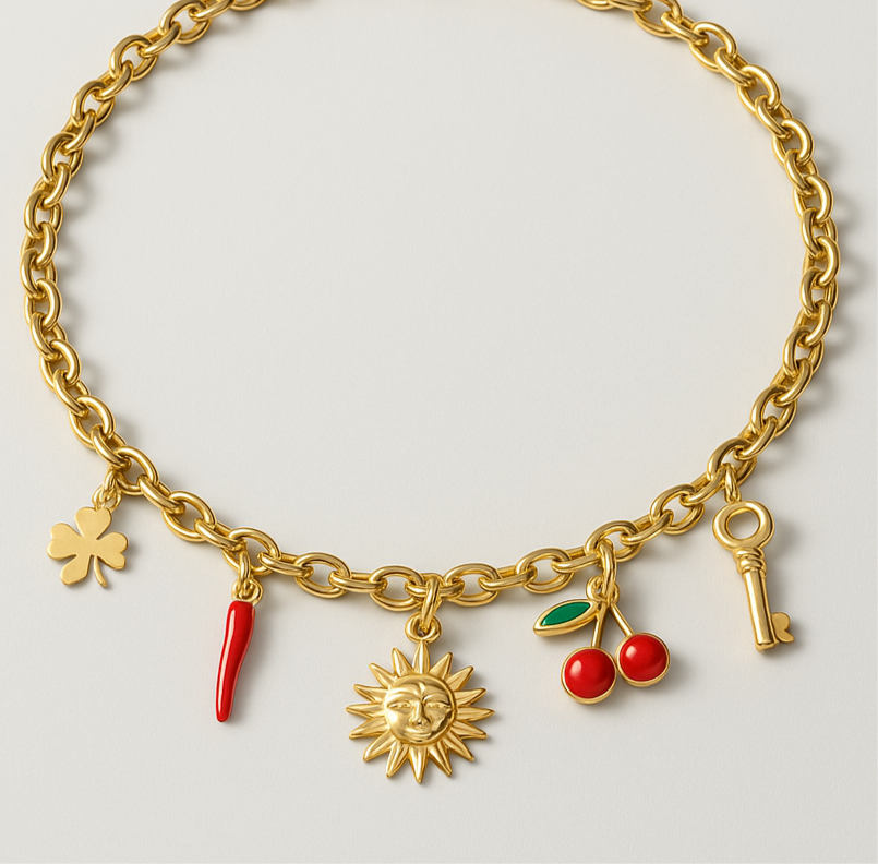 Collier PIA chaîne dorée et breloques émaillés cerise soleil corne clé